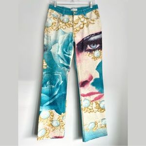 Roberto Cavalli SS 2001 Liz Taylor Eye Rose Flared Metallic Printed Jeans